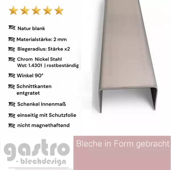 Edelstahl U-Profil blank, 2 mm stark, Einfassprofil sehr stabil
